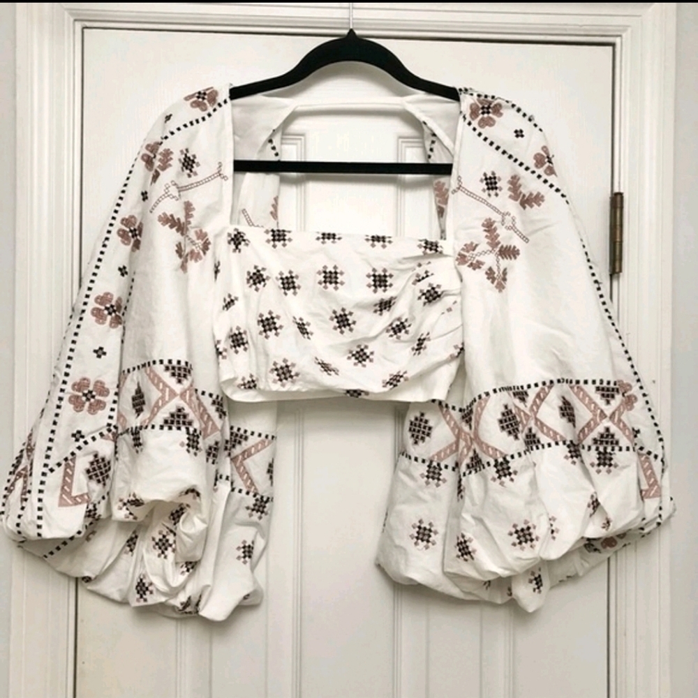 ASOS White and Brown Embroidered Blouse